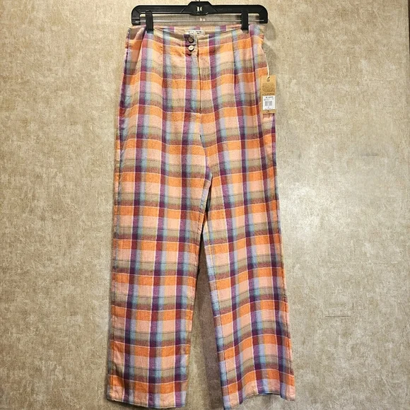 NWT Billabong The Salty Blonde Break Point Cropped Linen Blend Plaid Pants - Picture 2 of 11